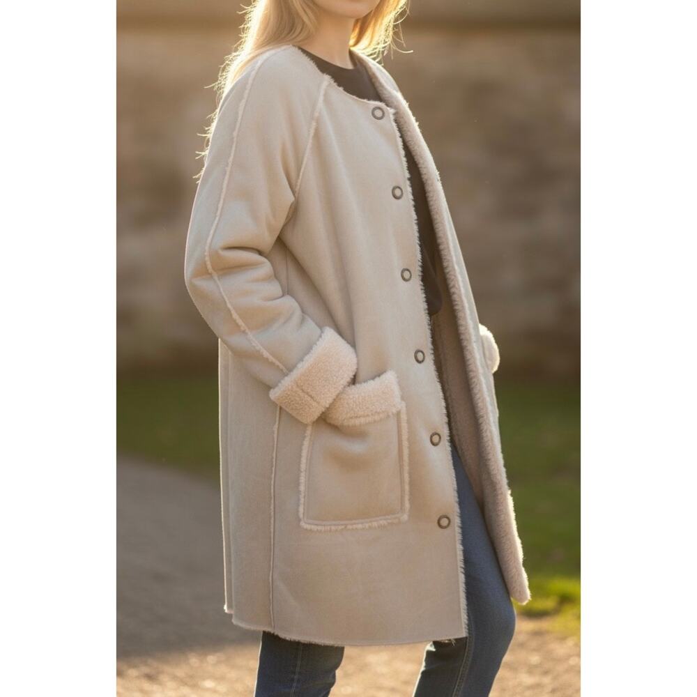 Blank NYC Cream Reversible Faux Shearling Snap Front Mid-Length Jacket Sz Small